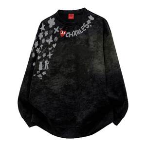 
Charles Heart Tie Dye Necklace Graffiti Printed Sweater Men's Autumn and Winter New American Style Velvet Thickened Top