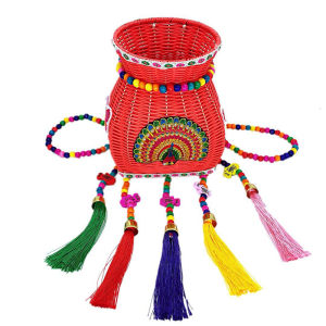 
Back basket children's small back basket ethnic style bamboo fish basket craft colorful wind chime stage performance toy hanging decoration back basket