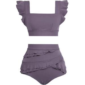 
Visual mood split swimsuit women's retro ruffle split purple high waist slim vacation bikini suit