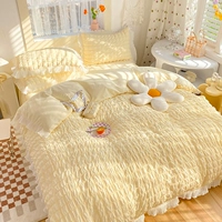 Корейский стиль для маленькой принцессы Жарная пряжа для ветряной кровати 4 предмета Кружево чистый хлопок Подростковое сердце полностью хлопок Голый сон нескользящие кровать один