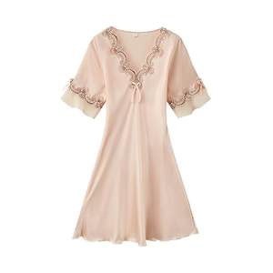 Ice silk pajamas for women in summer 2025 new nightgown with chest pad thin loose large size short-sleeved summer home clothes
