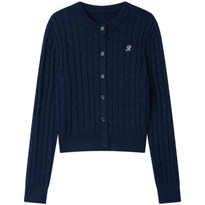 
Halo Luu Navy Blue Twist Knitted Cardigan Jacket Women's Spring Sweater Korean College Style Slim Top