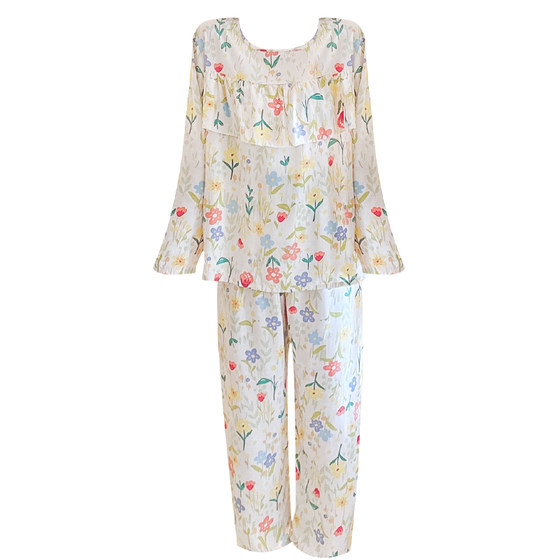 2026 summer long-sleeved trousers suit new cotton silk pajamas for women summer thin loose anti-bump home clothes