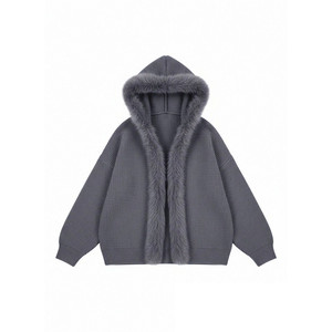 
Joeyoo spring new loose and unique super good-looking gray spliced fur collar knitted jacket women's cardigan sweater trendy