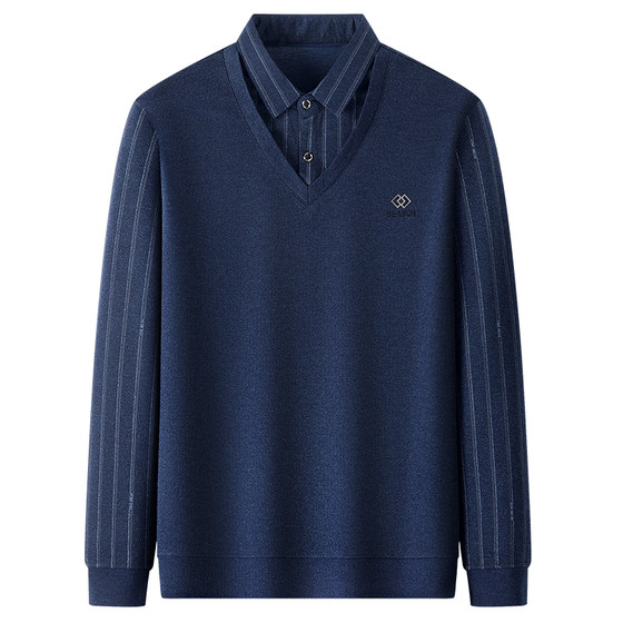 
Dad's spring fake two-piece long-sleeved T-shirt 2026 new middle-aged men's striped top middle-aged and elderly POLO shirt