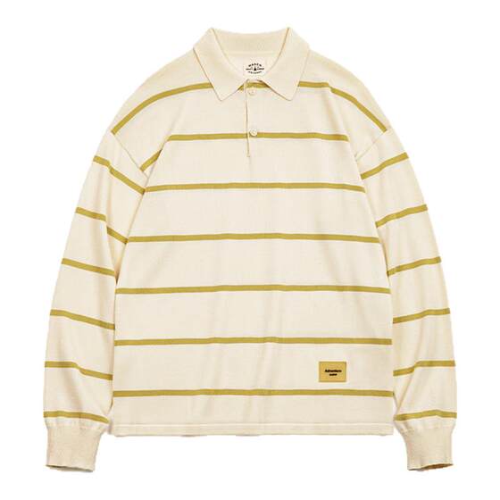 
American casual striped knitted polo shirt contrast color lapel half-open loose long-sleeved T-shirt for men