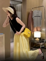 Расширенный желтый топ, длинная юбка, комплект без рукавов, летнее платье с рукавами, французский стиль, изысканный стиль