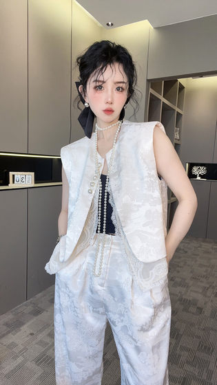 RR fashion 提花蕾丝马甲高腰长裤国风套装两件套女2024夏季新款