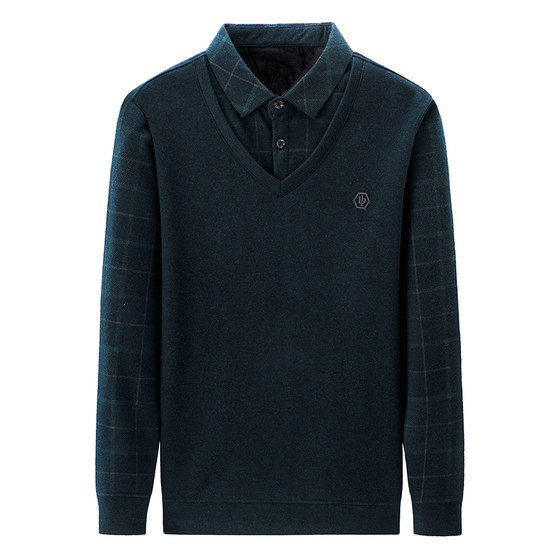 
Classic car winter velvet thickened fake two-piece warm top men's long-sleeved T-shirt middle-aged dad's bottoming shirt