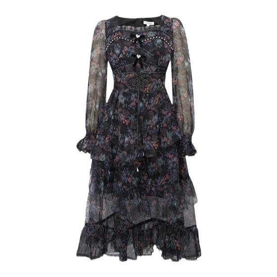 
LULUALWAYS [Same Model in Shopping Mall] New autumn retro atmosphere straps high-waisted chiffon dress