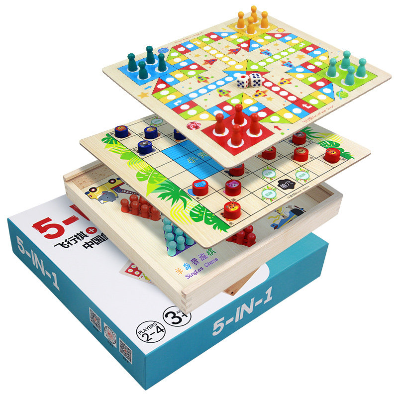 Flying Chess, Checkers, and Backgammon Wooden Chessboard Set