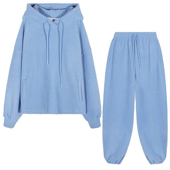 
Jinyu Huahua sports suit women's winter velvet thickened blue hooded sweatshirt two-piece set + lace-up sweatpants