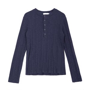 
[RHOME HOUSE]Simple men and women lazy high elastic striped silhouette button long sleeve T-shirt base long sleeves