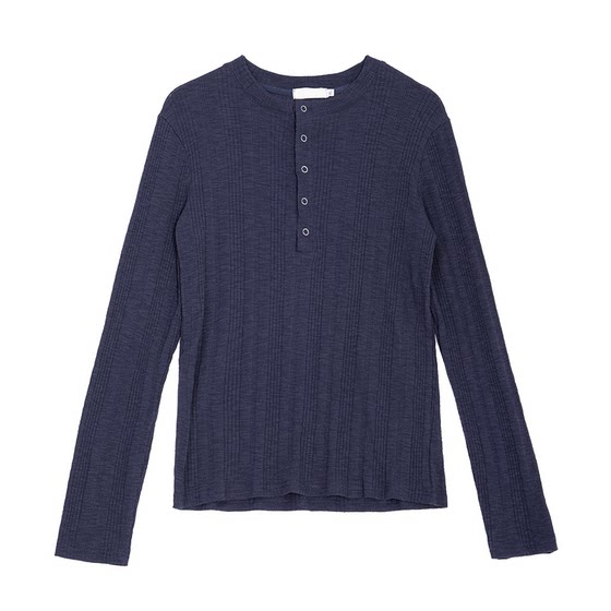 
[RHOME HOUSE]Simple men and women lazy high elastic striped silhouette button long sleeve T-shirt base long sleeves