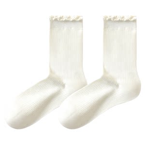 
White socks for women, spring and summer pure cotton yarn mid-tube socks, boneless pile socks, antibacterial lace, anti-odor, sweat-absorbent stockings