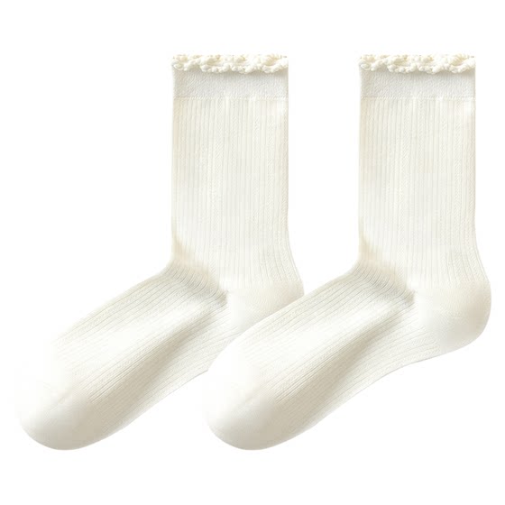 
White socks for women, spring and summer pure cotton yarn mid-tube socks, boneless pile socks, antibacterial lace, anti-odor, sweat-absorbent stockings