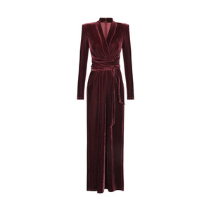 
XULU original burgundy lace-up velvet temperament slim high waist long sleeve right angle shoulder overlap V-neck dress