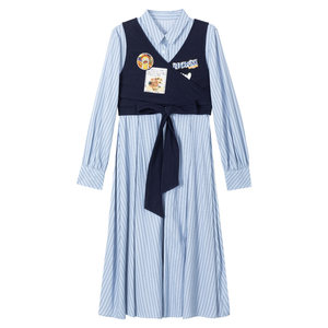 
KEIKO college-style striped long-sleeved shirt dress for autumn design fake two-piece strappy slimming A-line skirt