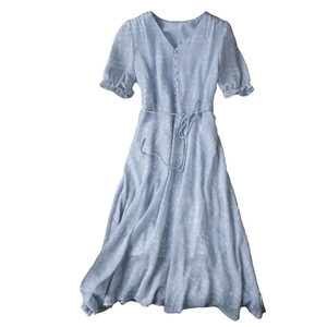 
Highlighting the slim waist~ French V-neck smudge irregular polka dot print high waist slim mid-length A-line dress summer