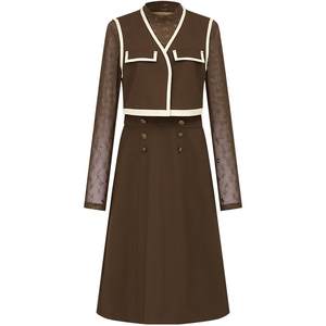 
Mandes high waist color-blocking dress 2025 autumn new long-sleeved round-neck mesh long skirt