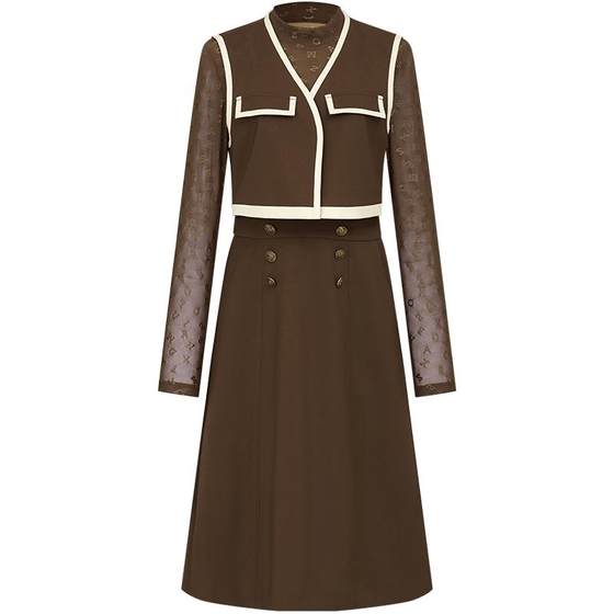 
Mandes high waist color-blocking dress 2025 autumn new long-sleeved round-neck mesh long skirt