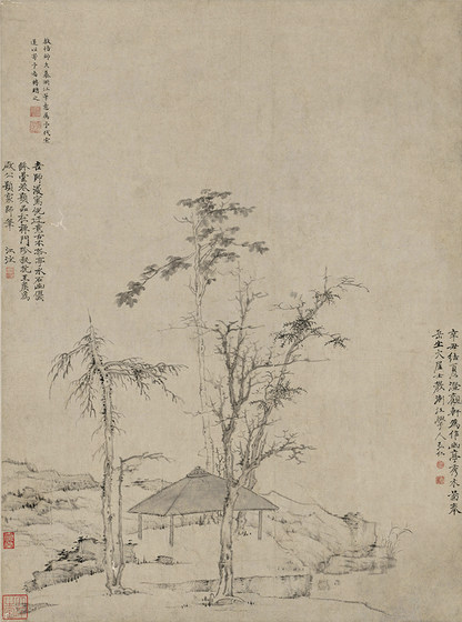 清四僧弘仁幽亭秀木图国画仿古画水墨画艺术微喷复制画