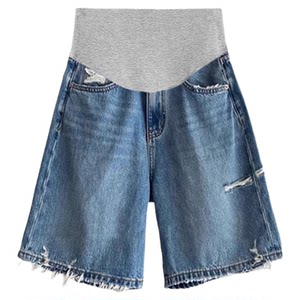 
Blue pregnant women's burrs ripped five-point denim shorts spring and summer thin leggings wear straight belly-supporting pants