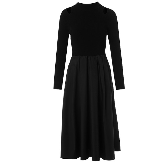 LANCY/Langzi 2024 spring and autumn new long-sleeved hollow silk skirt black mid-length spliced ​​dress for women