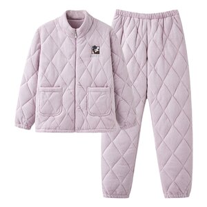 
Couple pajamas in winter plus velvet thickened coral velvet three-layer cotton jacket stand collar zipper men and women home clothes set