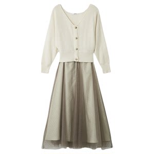 
SNIDEL2025 new autumn and winter V-neck knitted cardigan high-waist tulle A-line skirt suit SWNO255014