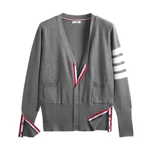 
YIMISUN four-bar spring and autumn sweater striped cardigan V-neck loose sweater cardigan jacket men and women couple outfit