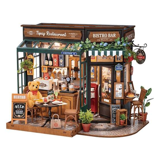 
rolife Ruolai Bear Restaurant DIY handmade cabin miniature assembled building block toys Children's Day gift for girls
