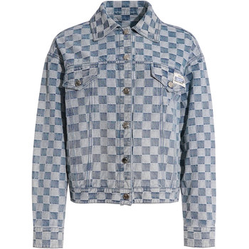 GW large size sweet cool chess board plaid jacquard denim jacket 2025 autumn new fat girl fashion jacket top for women
