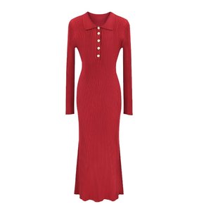 SYT homemade commuting versatile polo lapel knitted dress women's autumn and winter new slim slim French long skirt
