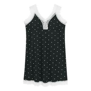 
Summer style with chest pad suspender, sweet and full print polka dot V-neck lace loose slim mid-length nightgown for women