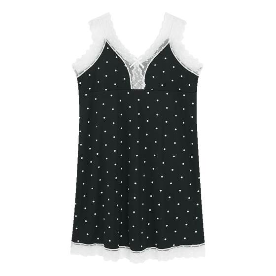 
Summer style with chest pad suspender, sweet and full print polka dot V-neck lace loose slim mid-length nightgown for women