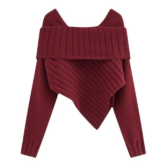 
Azure holiday sweater scarf with off-shoulder short knit sweater to make you look slim and waist-exposed one-shoulder red short top winter