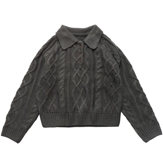 
Deer and Birds Tundra Forest Retro Embossed Cable Two-Color POLO Collar Loose Pullover Sweater 7408