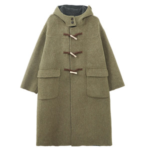 Deer and birds with two sides and colors! Long and short hooded imitation horn button wool coat 6286