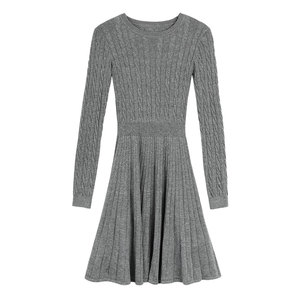 pusumede French style long-sleeved knitted dress for women with waist slim A-line round neck bottom skirt short skirt
