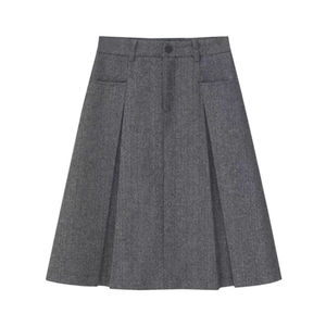 
Autumn and winter Korean style suit mid-length skirt gray gray pleated skirt human pattern high waist slimming niu style retro a-line skirt
