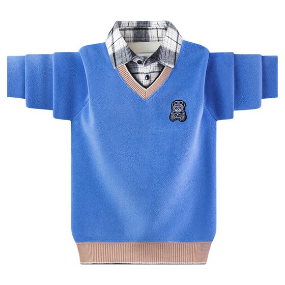 
New autumn and winter boys' velvet thickened shirt collar sweater pullover style knitted fake two-piece warm base shirt