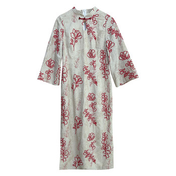 
Primrose Red New Chinese Style Natural Cotton and Line Engagement Red Embroidered Large Size Fat mm Cheongsam Dress