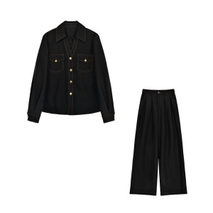 
Liixu temperament retro denim shirt wide-leg trousers suit women's new high-end shirt and trousers two-piece set