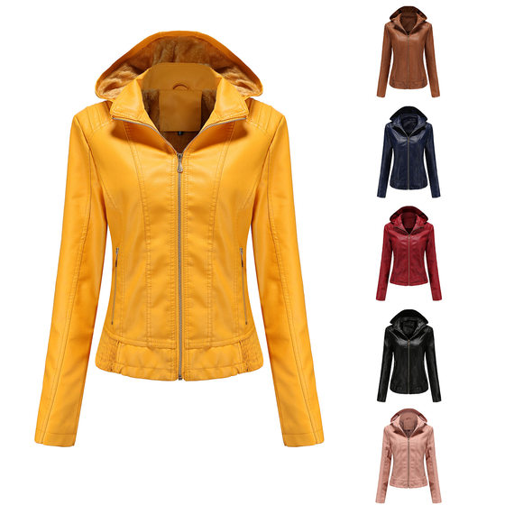 Female detachable hat zipper long sleeved slim fit jacket