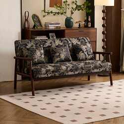 Retro-Style Solid Wood Sofa for the Living Room, Featuring a Three-Seater Straight-Row Sofa Chair for Small Apartments, Mid-Century Style Fabric Sofa