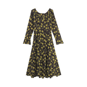 
Inaf French square collar printed dress spring new retro temperament high waist slim tea break dress mid-length dress