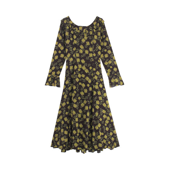 
Inaf French square collar printed dress spring new retro temperament high waist slim tea break dress mid-length dress