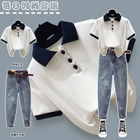 Комплект, летняя футболка, джинсы, коллекция 2023, в корейском стиле, по фигуре, короткий рукав, высокая талия