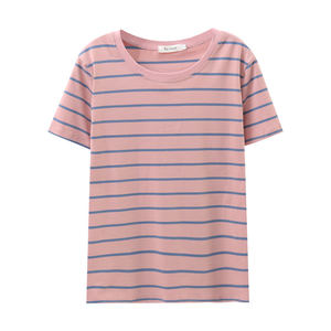 
New summer large size loose short-sleeved T-shirt for women covering their belly black and white striped T-shirt small shirt pure cotton top